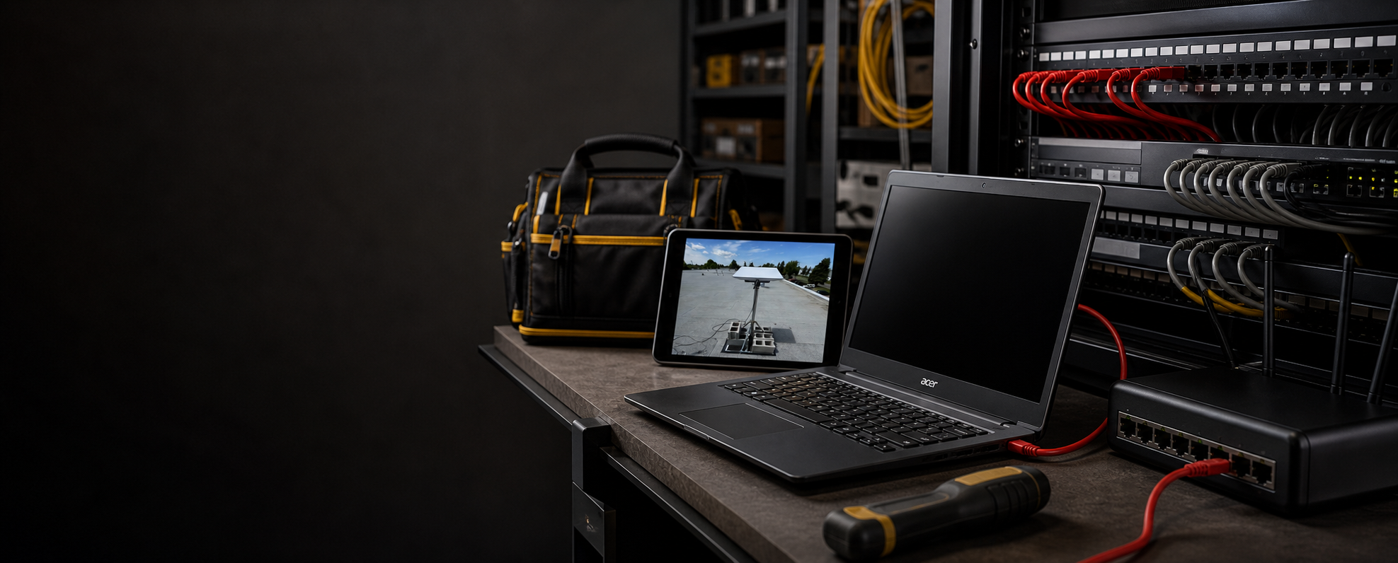 Network equipment, laptop, tools, and onsite field IT setup